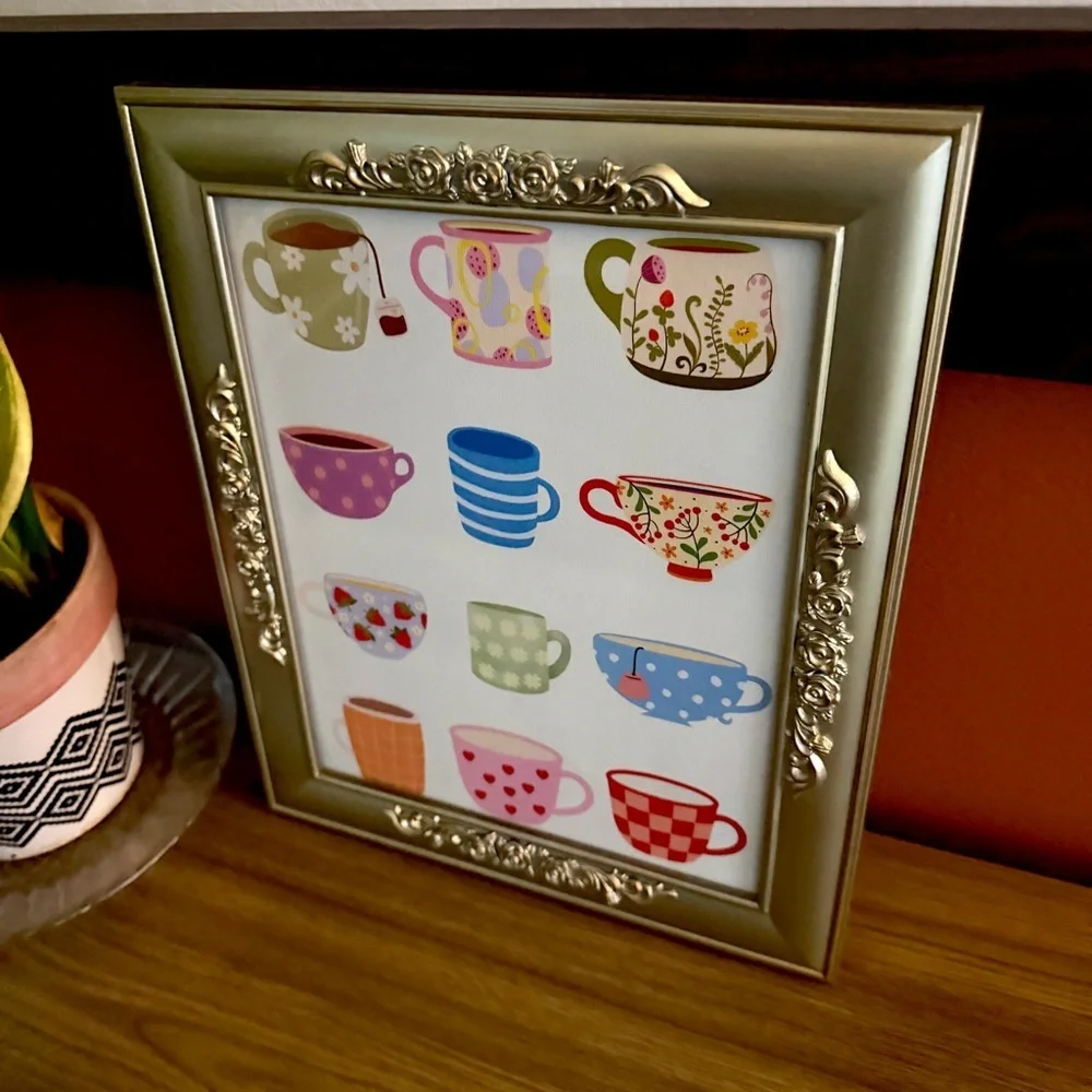 Colorful Tea Cup Canvas Art Print Kitchen Coffee Mug Silver Floral Framed Art